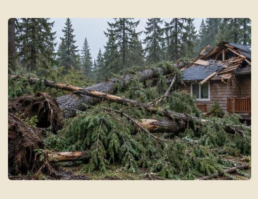 Fallen tree crushing a cabin roof after a storm