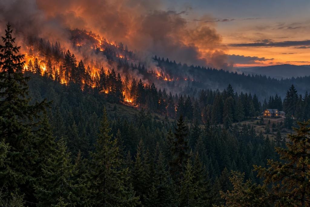 Wildfire burning on a forested hillside at dusk